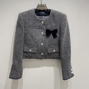 VeraSeriase小香风短外套女高级灰粗花丝绒蝴蝶结精致优雅显气质