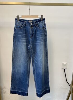 BENAO  蓝色阔腿牛仔裤女2021新款高腰直筒宽松拖地裤子