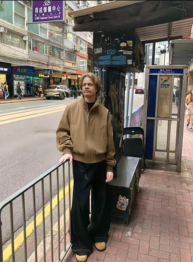 fank之家 美式复古短款飞行夹克立领咖色宽松男女外套秋季