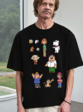 frank's house 原创恶搞之家美式复古印花做旧短袖纯棉圆领黑t恤