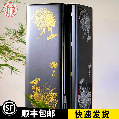 五福加宽漂盒52支大漆桐木制手绘荷花蓝金银海绵高端大容量浮漂盒