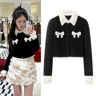 小香风针织衫2025冬季新品洛可可玫瑰花翻领蝴蝶结短款开衫毛衣女