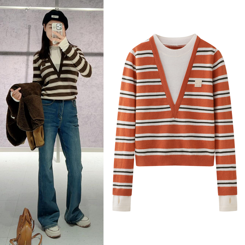 刘浩存同款针织衫假两件毛衣女