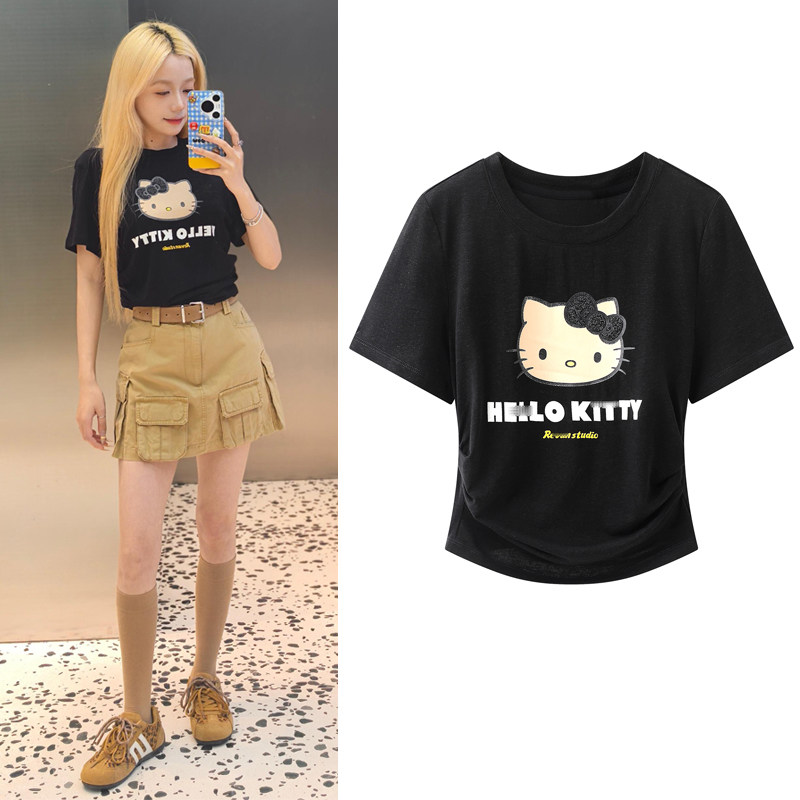 黑色正肩短袖T恤2026夏新款卡通猫咪烫钻印花褶皱短款收腰上衣女