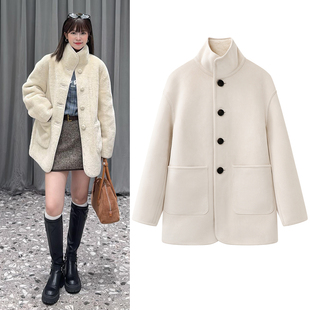 刘浩存同款双面穿外套2025冬季新品立领中长款保暖仿羊羔毛大衣女