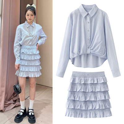 条纹衬衫蓝色衬衣蛋糕裙女套装