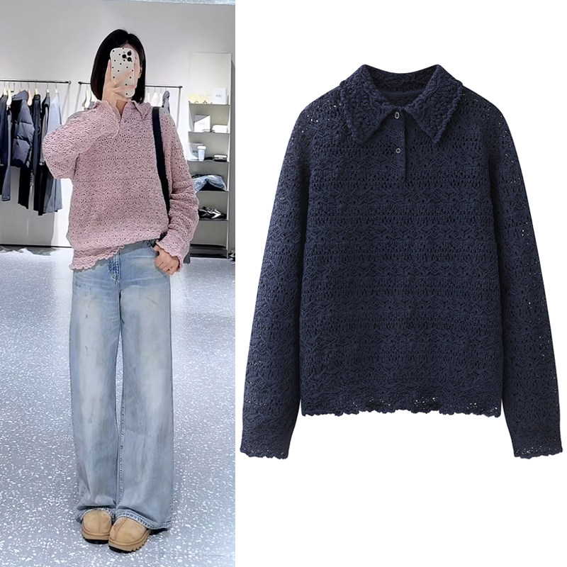 2026春季新款复古钩花镂空编织长袖套头小翻领针织衫毛衣女上衣