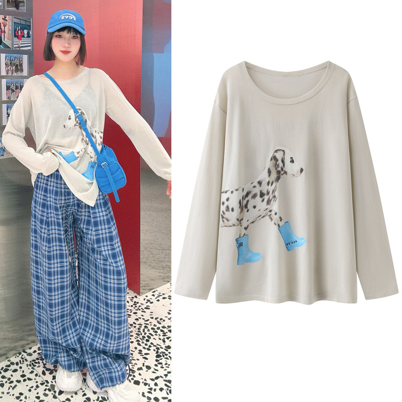 针织衫2026春季新款蓝色雨靴斑点狗印花薄款防晒罩衫T恤上衣女