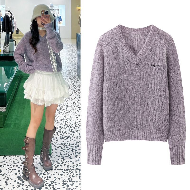 马海毛针织衫落肩袖灰紫色毛衣女