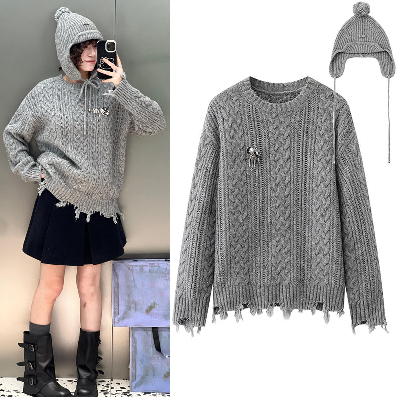 麻花针织衫2025冬季新品慵懒风流苏钩边破洞毛球帽套头打底毛衣女