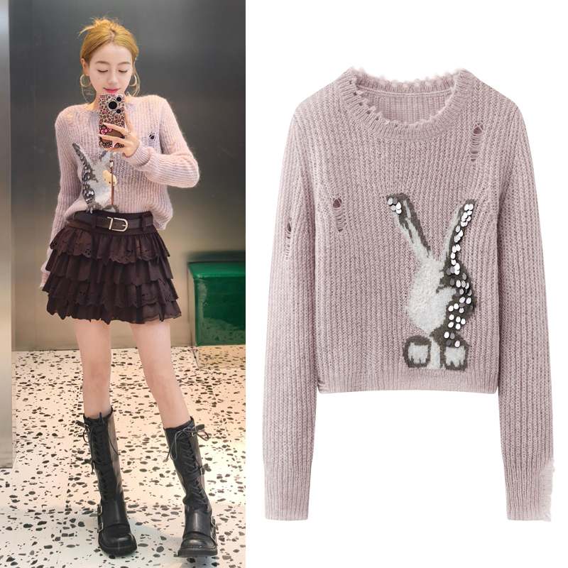 毛针织衫短款紫色罩衫毛衣女