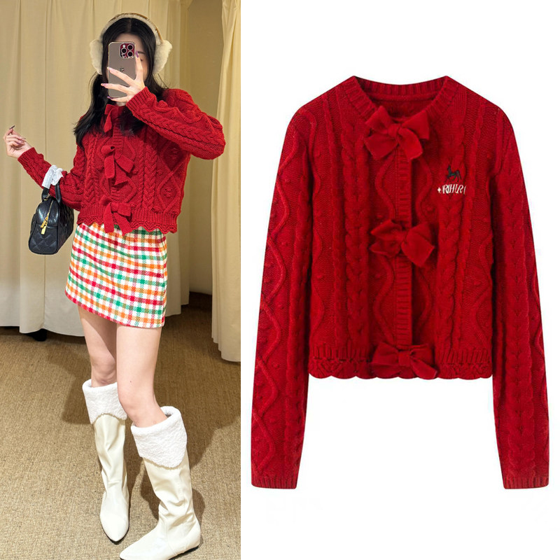 新年红色毛衣2025冬新款小香风气质蝴蝶结绞花短款针织开衫外套女,女装/女士精品,毛针织衫,淘宝优惠券,粉丝福利购,淘宝优惠卷