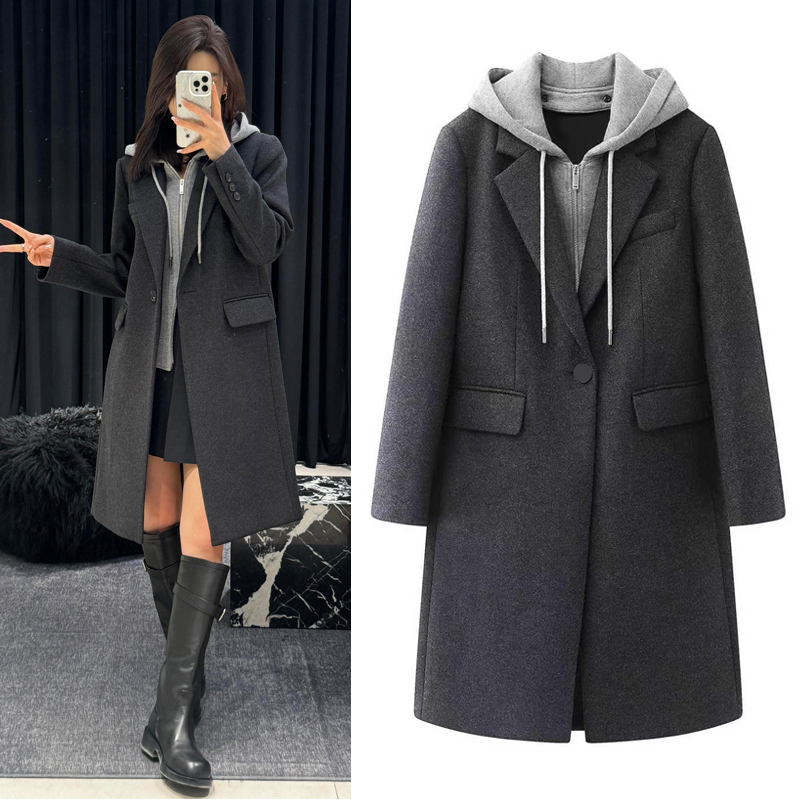 毛呢外套2025冬季新品百搭休闲可拆帽襟拼接假两件中长款呢大衣女