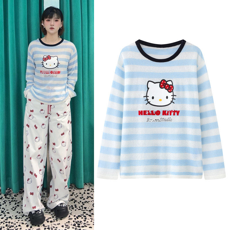 蓝色条纹针织衫2026春季新款卡通猫咪植绒印花圆领毛衫T恤上衣女