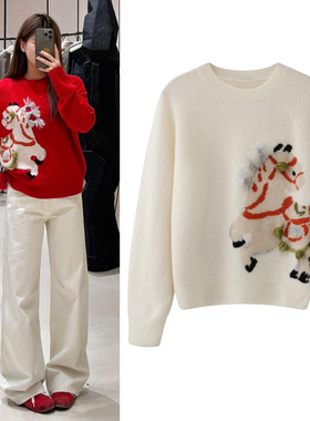 高圆圆同款新年毛衣2026春季新款卡通小马提花刺绣红色针织衫女