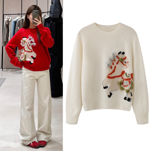 高圆圆同款新年毛衣2026春季新款卡通小马提花刺绣红色针织衫女
