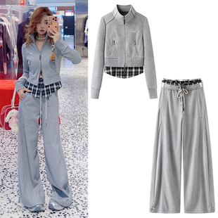 运动风卫衣套装2026春季新款格纹拼接假两件短外套休闲弯刀卫裤女