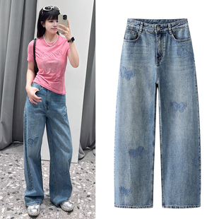 设计感蝴蝶贴布刺绣显瘦高腰直筒裤 新款 女 2026春季 蓝色阔腿牛仔裤