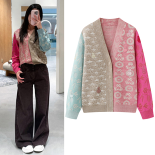 针织开衫2026春新款复古国风重工撞色提花刺绣V领长袖毛衣外套女