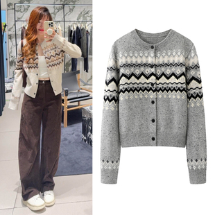 秦岚同款针织衫2025冬新品复古撞色提花圆领长袖费尔岛毛衣开衫女