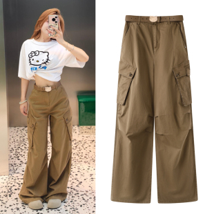 裤 休闲阔腿裤 2025秋季 卡通腰带大口袋高腰直筒裤 女 新品 机能风工装