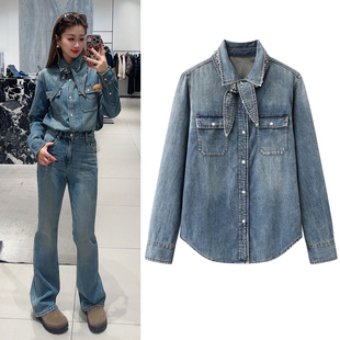 复古水洗钉珠领结简约舒适蓝色长袖 新款 衬衣女 2026春季 牛仔衬衫