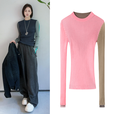 撞色针织衫显瘦打度衫毛衣女