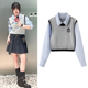 叠穿拼接短款 假两件针织衫 学院风蓝色条纹衬衫 新款 上衣女 2026春季