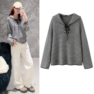 黑白条纹针织衫2026春季新款慵懒风落肩袖系带连帽套头罩衫毛衣女