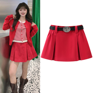 新年红色半身裙2026年春季 复古腰带显瘦高腰A字短裙女百褶裙 新款