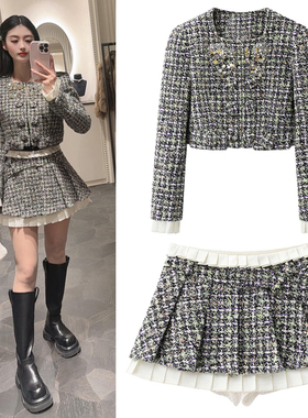 小香风粗花呢套装2025冬新款重工钉钻撞色格纹毛呢外套百褶短裙女