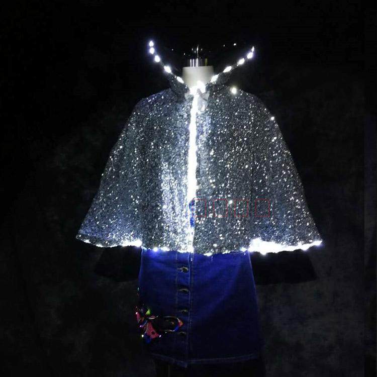 led发光披风酒吧花场冠军亮片斗篷选美服装夜场皇冠亮片发光服女