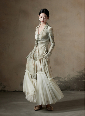 ONMOON 秋季植物印花网纱拼接半身裙 2024新款系带衬衫仙女套装