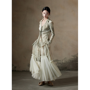 秋季 仙女套装 植物印花网纱拼接半身裙 系带衬衫 2024新款 ONMOON