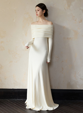 ONMOON 2025秋冬白月光女神一字肩针织内搭连衣裙 套头高弹长裙