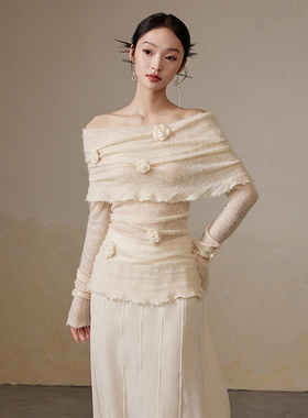 ONMOON 春夏一字领花朵长袖针织衫 2024新款甜美慵懒软糯打底衫女