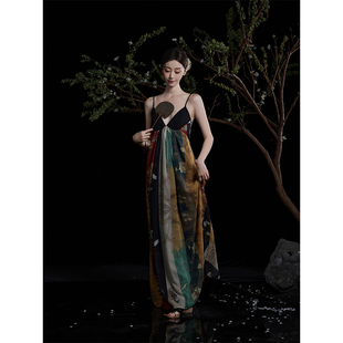 2024新款 ONMOON 国风拼色印花吊带连衣裙 新中式 优雅复古长裙 夏季