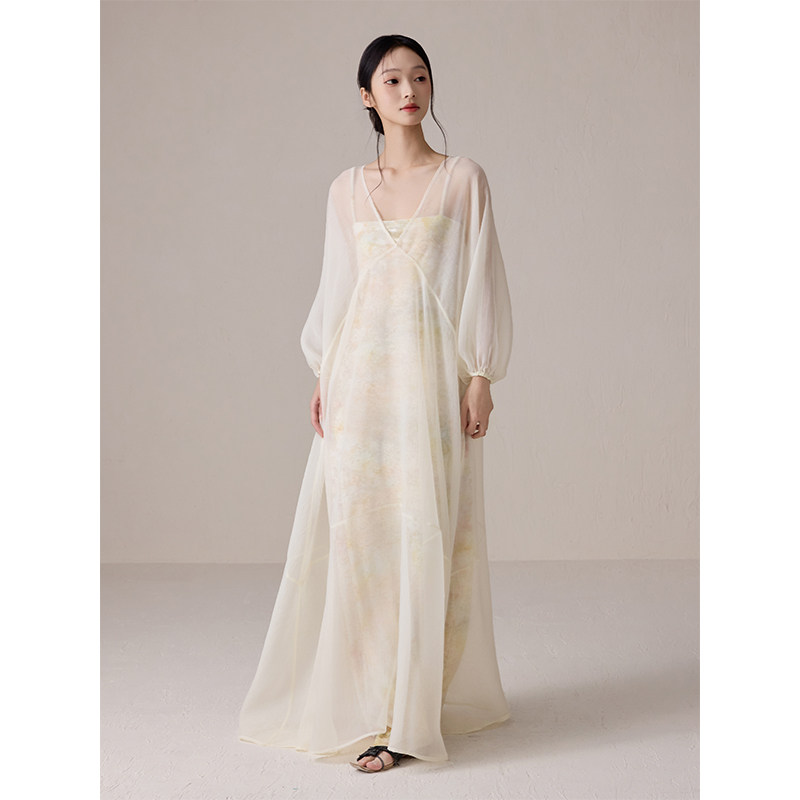 ONMOON 法式米白清冷仙女罩衫连衣裙 夏季新款印花吊带连衣裙套装