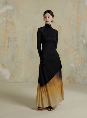 ONMOON秋冬打底修身高领渐变针织连衣裙 2023秋季双层内搭a字裙子