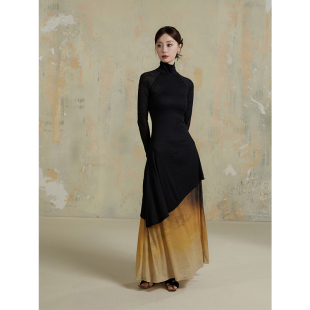 双层内搭a字裙子 2023秋季 ONMOON秋冬打底修身 高领渐变针织连衣裙