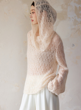 ONMOON 秋冬绵羊毛羊驼毛连帽马海毛毛衣 套头慵懒温柔感毛针织衫