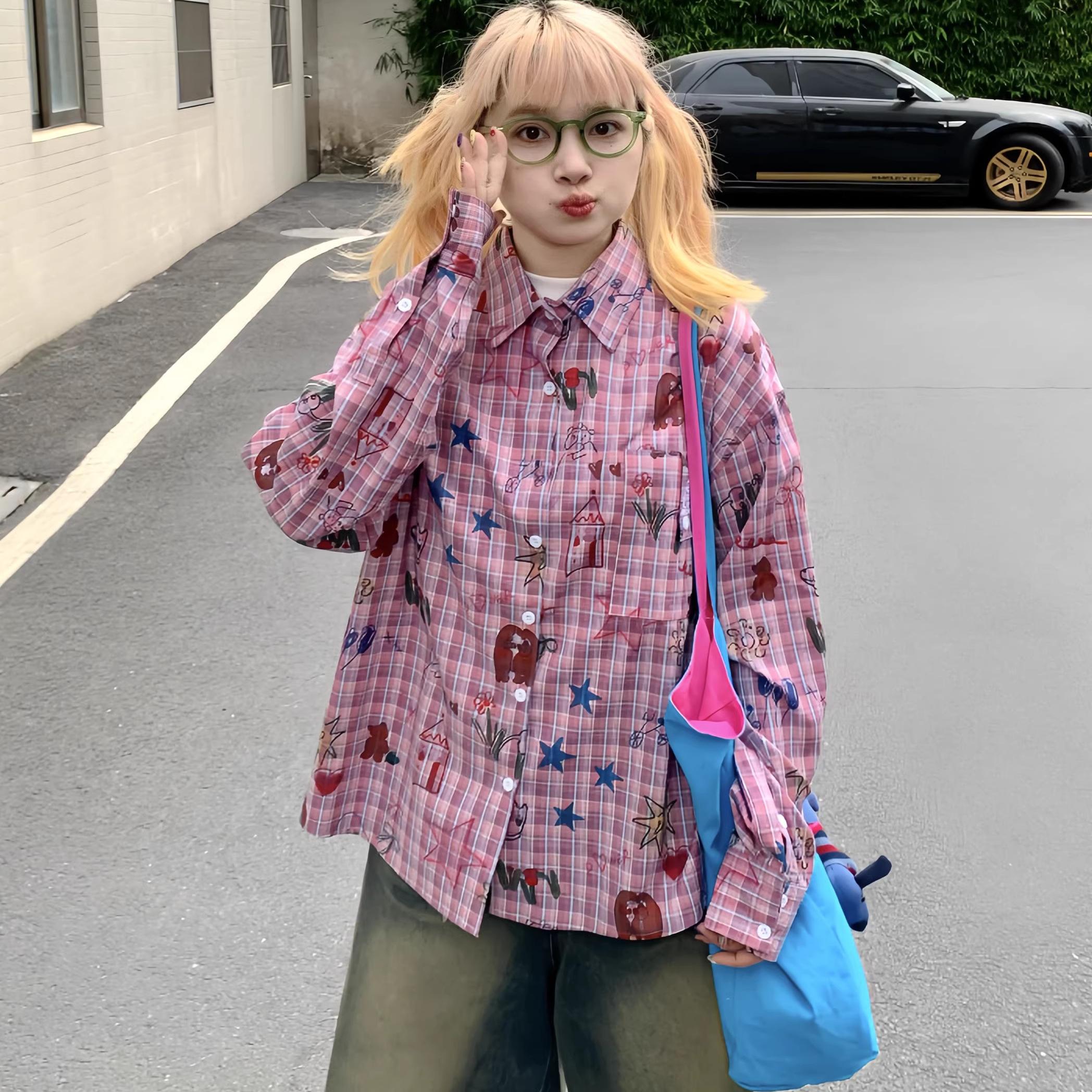 美式复古粉色格子衬衫女