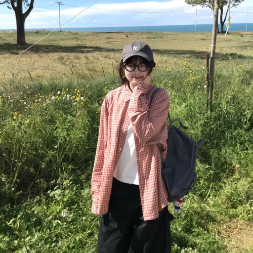 韩系红格子翻领长袖衬衫男女
