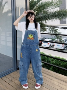 期望Studio美式复古可爱卡通刺绣牛仔背带裤女宽松直筒休闲连体裤