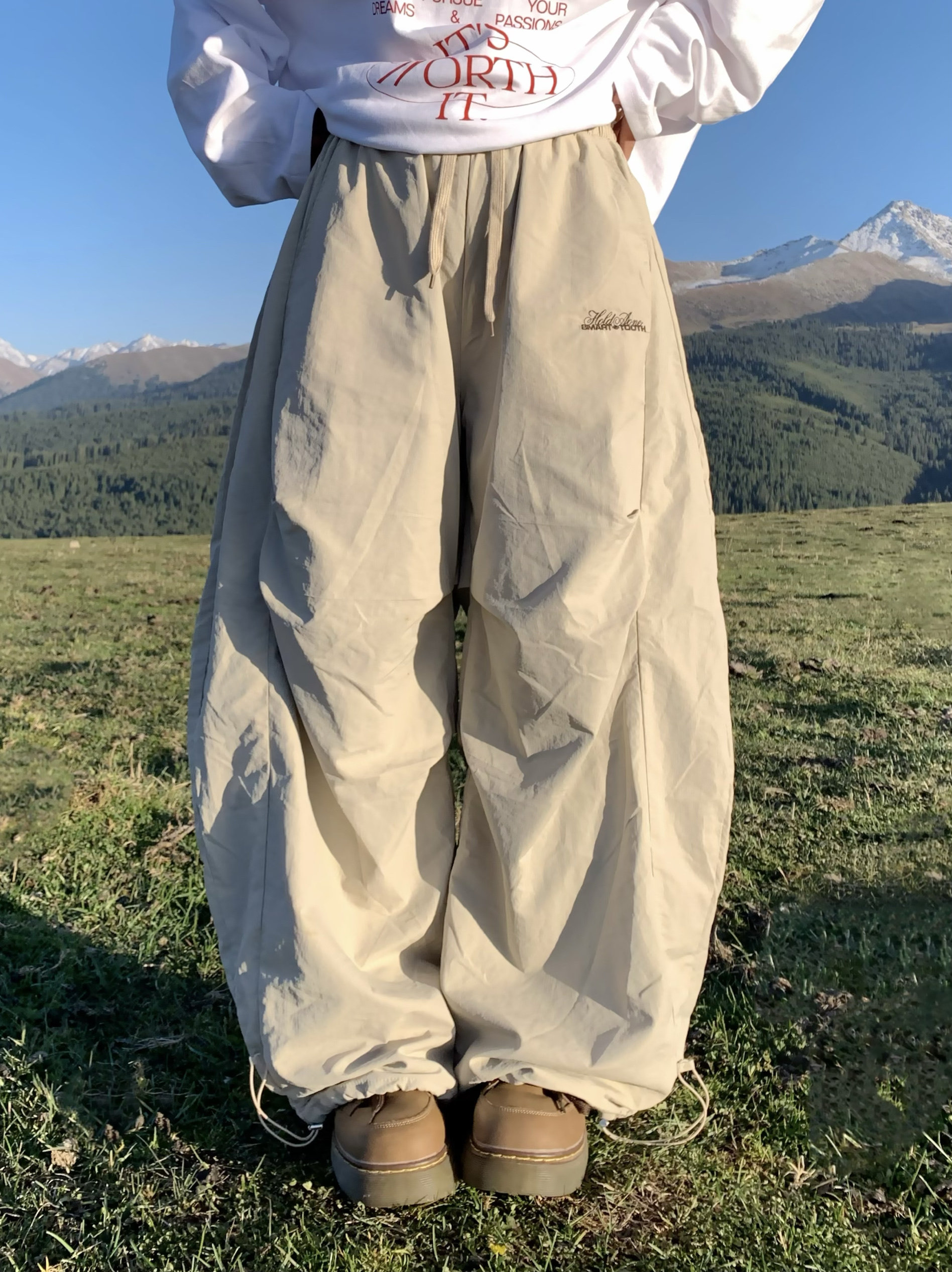 美式褶皱弯刀加绒工装裤