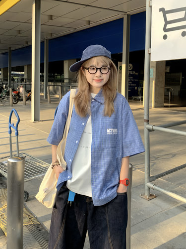 美式复古蓝格子休闲衬衫