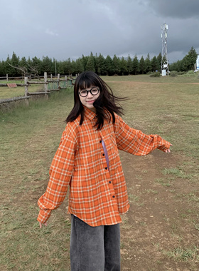 期望Studio美式橙色宽松慵懒长袖衬衣松弛感穿搭格子短袖衬衫男女