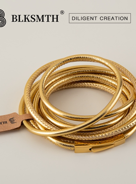 灿金色个性多层缠绕新款皮革按扣手镯手链手绳女士手镯简约复古