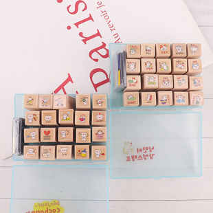 韩系超可爱猫咪小猪印章20枚印章+四色印泥组合带盒手账日记图章