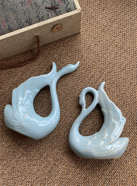 一生一世一双人 朱家汝窑汝瓷天鹅摆件工艺品结婚乔迁礼盒